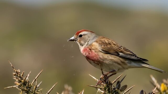 Linaria flavirostris bird perched on thorns.