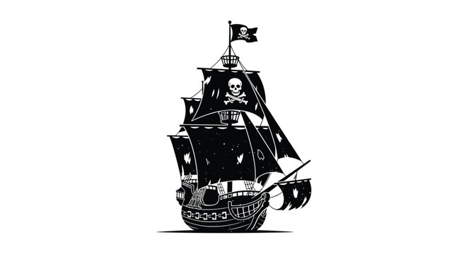 A detailed black and white illustration of a pirate ship with tattered sails and a skull and crossbones flag sails on water.
