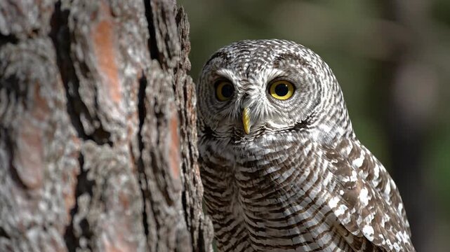 Owl Hiding Behind Tree Trunk.