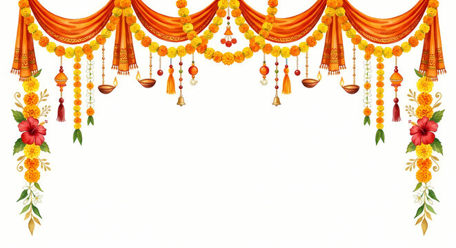 Festive happy Ram Navmi Decoration Background with Floral Garlands, and Hanging Diyas.