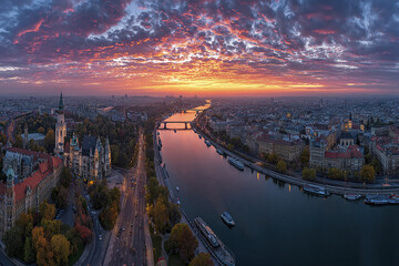 Obraz premium Panoramic aerial view of European city at sunset with river running through, historic buildings, bridges, and dramatic colorful clouds creating vibrant atmosphere