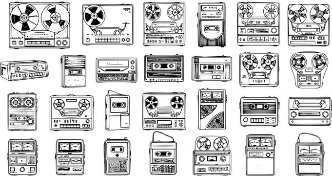 Vintage Audio Tape Recorders and Cassette Players Hand-drawn Line Art Collection. Retro Music Technology Devices in Black and White Sketch Style.