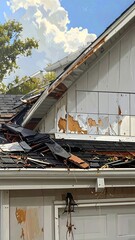 A house with a damaged roof and peeling siding