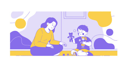 Mother and child playing with toys, bonding, indoor activity, happy family time, childhood joy