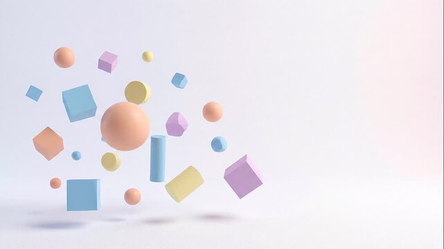 Floating pastel geometric shapes including spheres, cubes and cylinders in peach, sky blue, pale yellow and lilac, minimal background with soft gradient, objects slowly floating and rotating