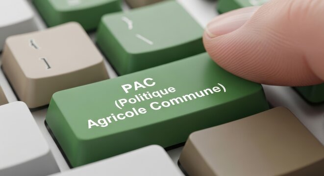 Finger Pressing Green PAC Politique Agricole Commune Button on Keyboard for EU Agriculture Policy Concept