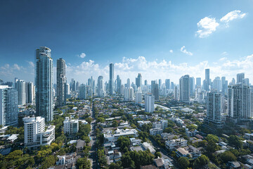 Obraz premium Panoramic daytime cityscape with modern skyscraper and residential buildings under clear blue sky with scattered clouds, showcasing urban greenery and vibrant city life