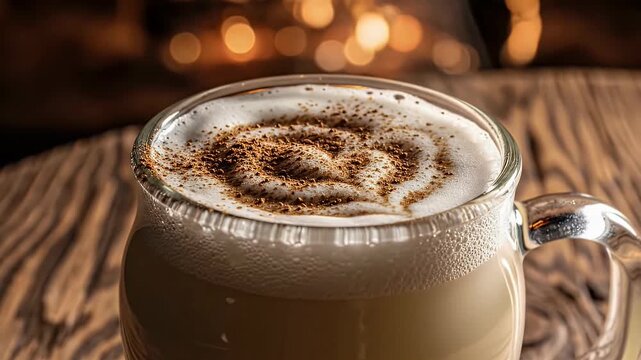 A warm creamy coffee drink with cinnamon art in a glass mug
