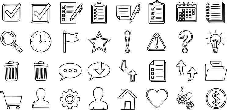 Hand-drawn Black and White Line Art Doodle Icons Set for General Business, Technology, and UIUX Design featuring Essential Communication and Productivity Symbols.