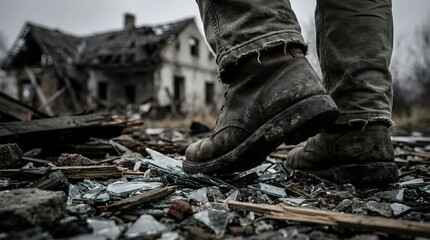 Post-apocalyptic exploration a lone figure walks through the ruins of a destroyed house