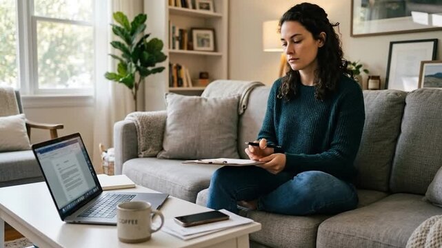 Focused woman working remotely from home, multitasking on laptop and phone from a comfortable living room couch.