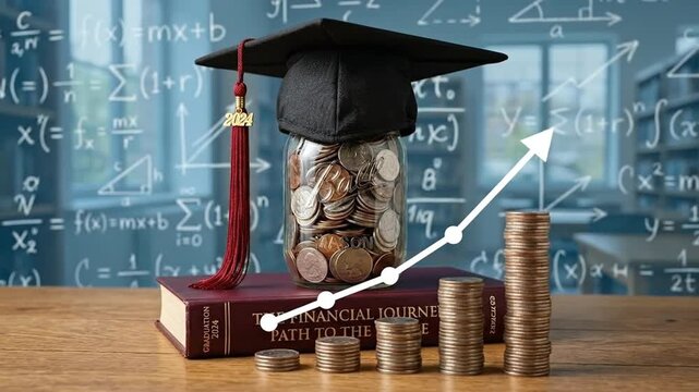 Graduation cap on money jar, increasing coin stacks, and book symbolize education investment, financial growth & success.