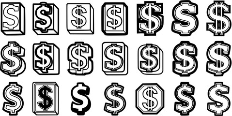 Black and White Line Art Dollar Signs in Various Styles, Finance and Business Icons