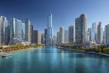 Obraz premium Panoramic skyline of modern skyscrapers along river with clear blue sky and reflections on water, showcasing urban architecture and vibrant city life in daylight
