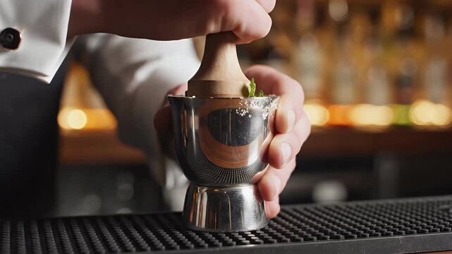 Bartender Muddling Fresh Mint for a Cocktail