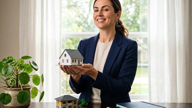 Smiling professional woman holding a miniature house model, symbolizing real estate, home ownership, and property investment