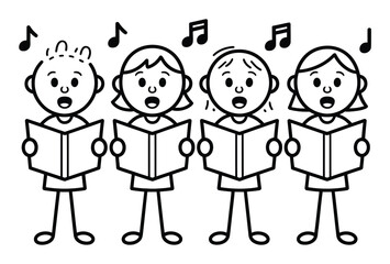 Four Children Singing Together with Music Notes Above Their Heads