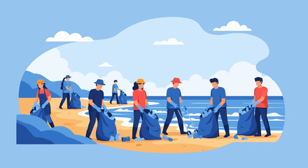 Fototapeta premium Volunteers cleaning beach pollution, collecting trash in bags for environmental protection
