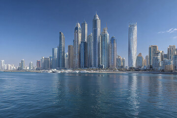 Obraz premium Modern skyscraper urban skyline waterfront city blue sky high rise building reflection water panoramic view clear weather cityscape architecture business district coastal city glass facade tall