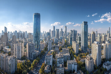 Fototapeta premium Panoramic urban skyline with modern architecture skyscraper towers under clear blue sky, featuring mix of residential and commercial buildings in bustling cityscape