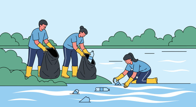 Volunteers cleaning plastic pollution from river, environmental protection concept