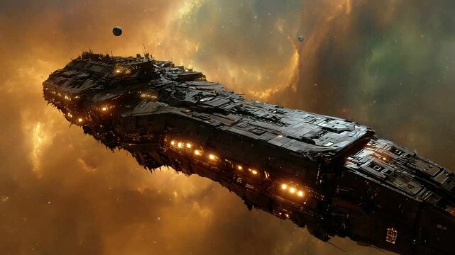 A powerful, otherworldly spaceship journeys through a vibrant nebula, inspiring wonder and representing exploration, innovation, and the boundless fut