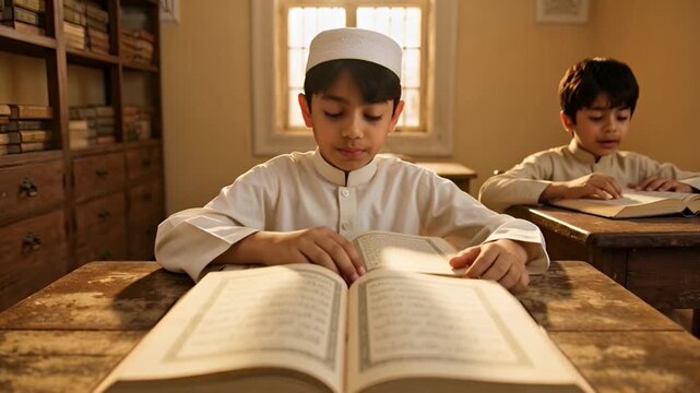 Young Muslim boys studying the Quran in a traditional madrasa setting focused on religious education and spiritual growth.