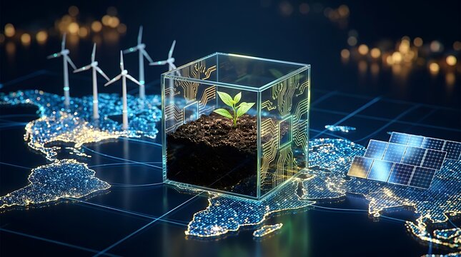 Green energy concept with seedling in transparent tech box, wind turbines and solar panels on illuminated digital world map showcasing sustainable innovation
