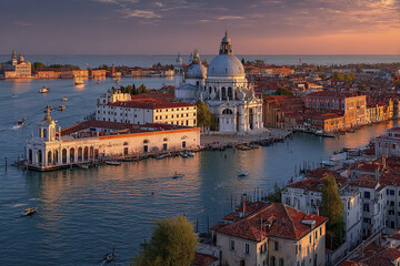 Obraz premium Panoramic view of historic city with domed cathedral and waterfront buildings at sunset, boats sailing on calm water, warm light reflecting on architecture creating peaceful atmosphere