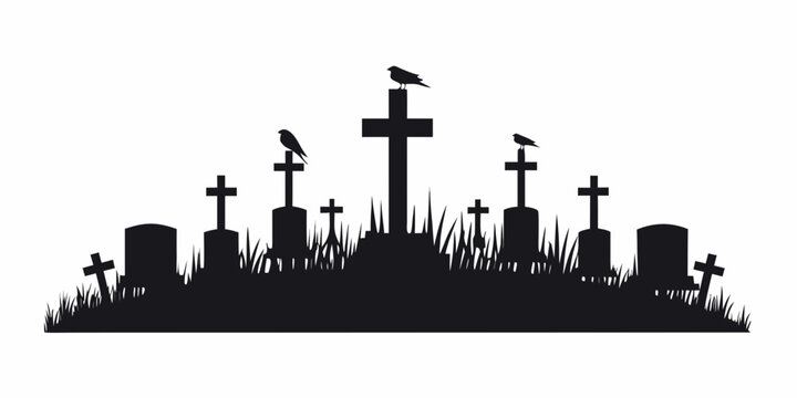 Silhouette of a graveyard with three birds perched on crosses