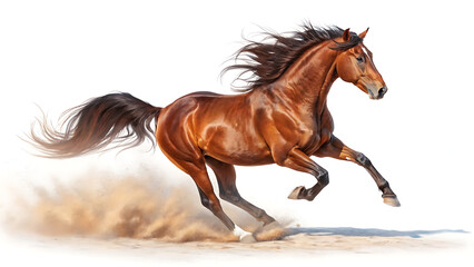 Fototapeta premium Majestic chestnut horse galloping on sandy desert with flying mane and tail
