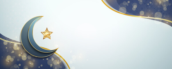 Naklejka premium Luxury Islamic white banner with golden crescent and bokeh