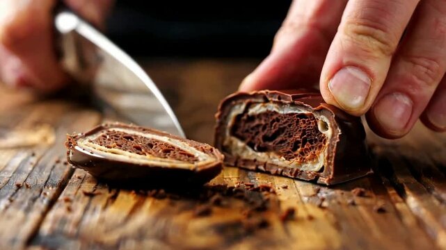 Slicing Chocolate Truffle on Wooden Surface.