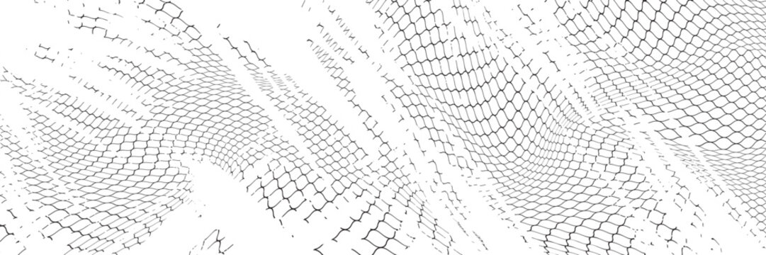 Broken wire mesh fence. Rabitz or chain link fence with cut hole. Torn wire pirson mesh texture. Cut metal lattice grid. Vector illustration