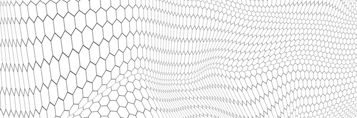 Fishing or soccer net. Repeated hexagon pattern. Black wired mesh texture isolated on white background. Metallic or fabric fence, cage or lattice structure. Vector graphic Illustration. © Musrifah