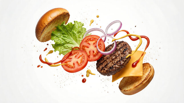 All the fresh ingredients of a classic cheeseburger, including buns, patty, cheese, lettuce, tomato, and onion, dynamically float apart with splashes of ketc...