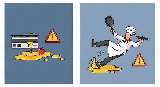Chef Slipping on Spilled Oil in Commercial Kitchen, Workplace Hazard and Safety Concept with Warning Sign, Flat Vector Illustration of Professional Cook Falling.