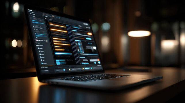 Laptop on dark desk displaying code editor and package download interface with glowing progress bars and blurred warm office background, creating focused and productive nighttime mood