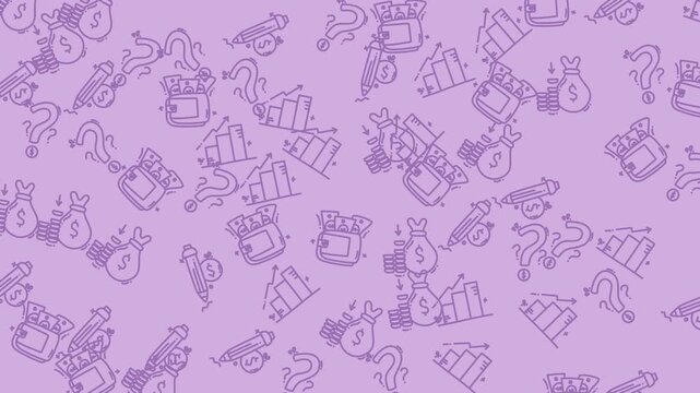 Seamless light purple background pattern with hand-drawn financial doodles, money bags, wallets, bar charts, and question marks, ideal for finance and business themes.