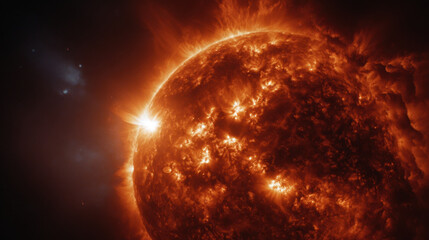 Obraz premium Close up view of glowing red star with violent solar flare eruptions and swirling plasma on surface, dramatic cosmic light and deep space contrast, intense astrophotography mood
