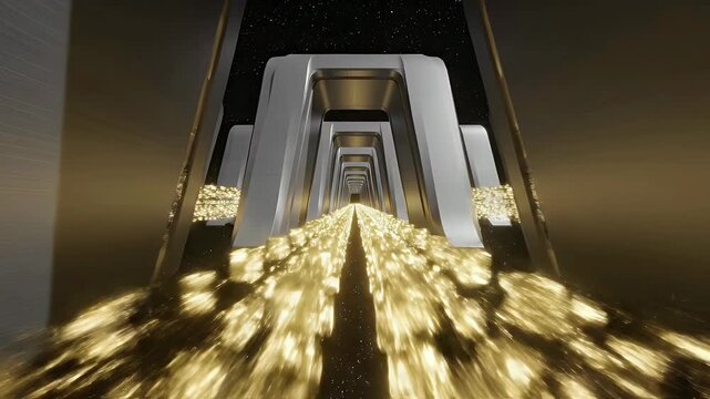 Futuristic golden archways stretching into a vast void