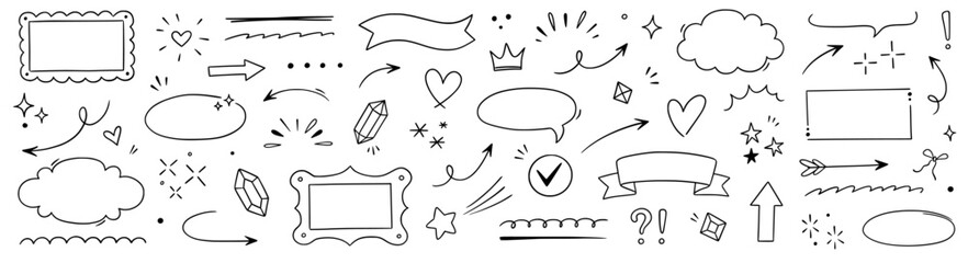 Plakat Arrow, line frame, star element set. Hand drawn brush sketch marker stroke arrow, heart, speech bubble frame shapes. Heart, star, circle doodle swirl cute sign symbol decoration. Vector illustration