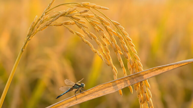 Extreme Close-Up of Ripe Golden Rice Grains Bulir Padi Ready for Harvest with Dragonfly