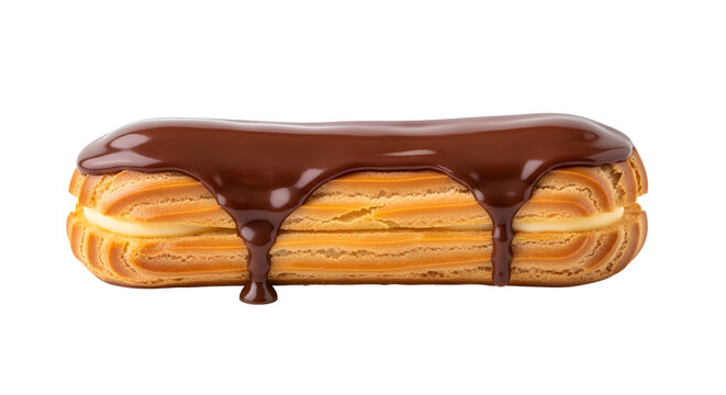 Delicious French eclair pastry with rich dark chocolate icing dripping down, filled with creamy vanilla custard, isolated on a clean white background for bakery menus and dessert promotions.