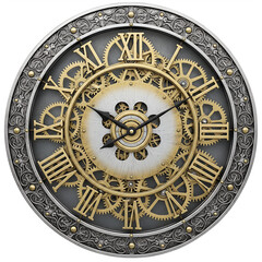 Obraz premium A vintage-style clock face with intricate golden gears and roman numerals on a dark background