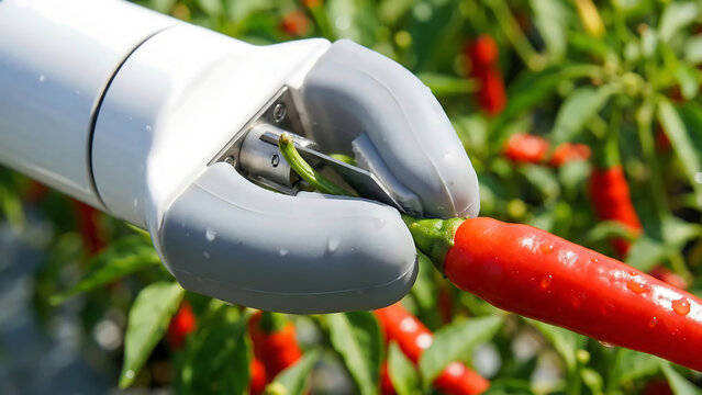 Extreme Close Up of Soft Grip Robotic Arm Harvesting Red Chili Pepper without Damage