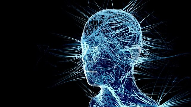 Head human holographic. Artificial intelligence concept background. Can be used in background elements related to technology, science, communication or social media. 3D Render.