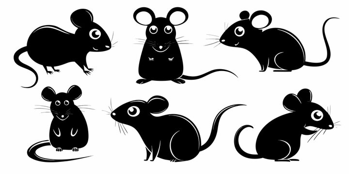 Collection of cartoon mice illustrations in a black silhouette style