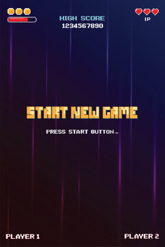 START NEW GAME. Retro Futurism Sci-Fi Background. glowing neon grid and star from vintage arcade computer games