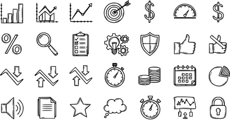 Fototapeta premium Hand Drawn Business Finance Analytics Icons Set. Sketchy Outline Doodle Collection of Data Management, Marketing, and Financial Symbols Elements.
